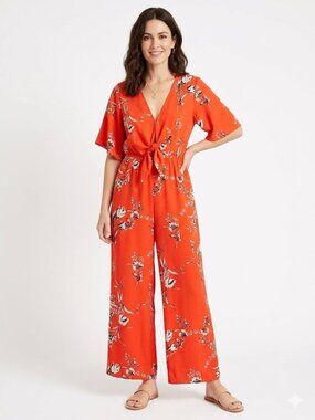 *Sienna Sky Red Floral Jumpsuit V-Neck Wide Leg XS